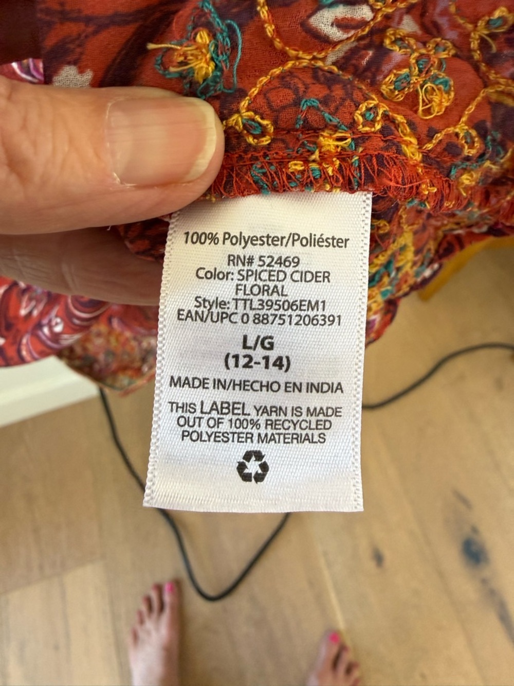 Time and Tru Rust Red Floral Long Sleeve Boho Tunic Dress - Picture 10 of 10